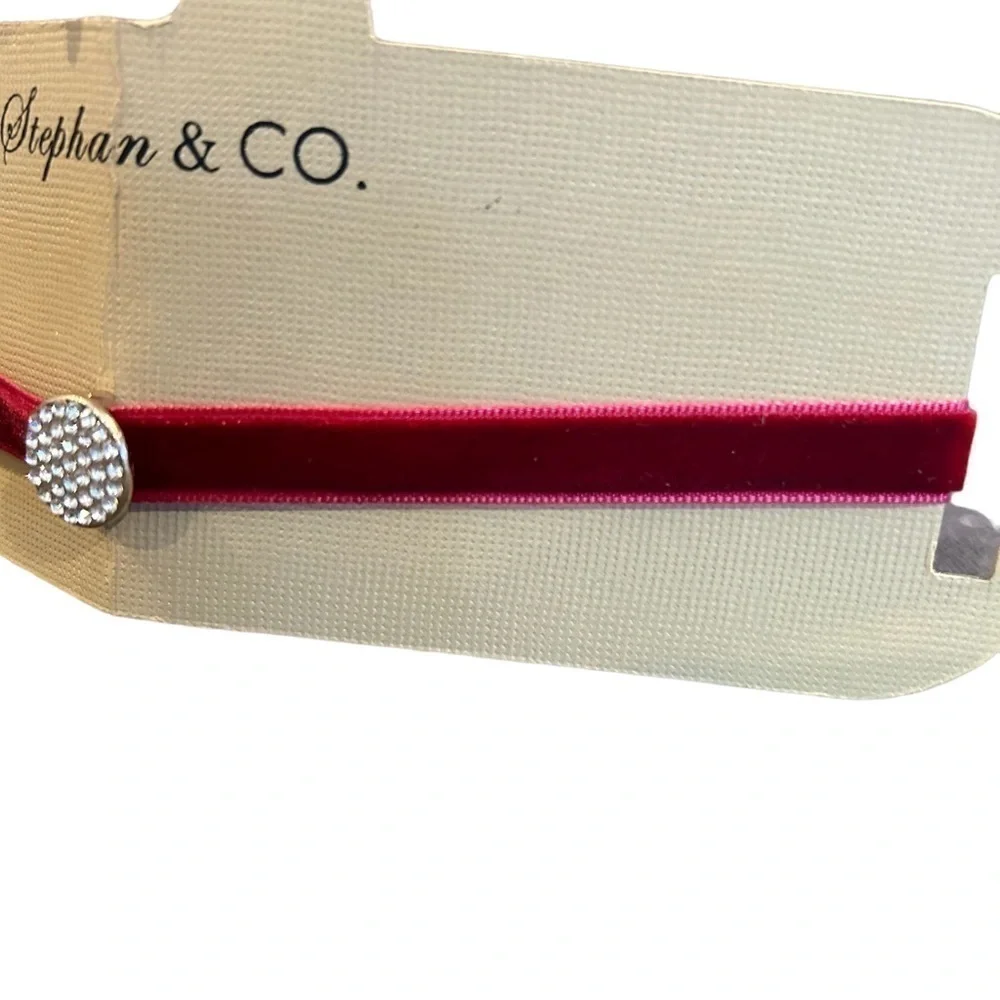 Velvet Cherry Red Clear Round Rhinestone Accent and Adjustable Chain Closure
